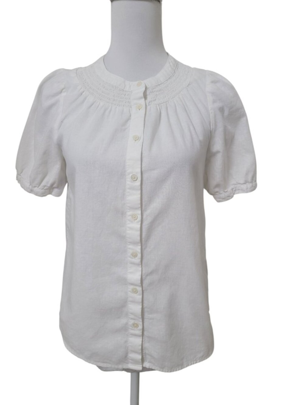 J. Crew Size XS White Short Sleeve Smocked Poplin/Linen Blouse